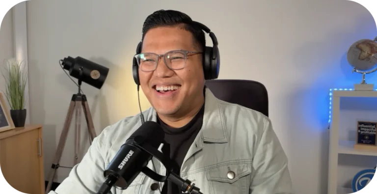 Person podcasting with headphones and microphone